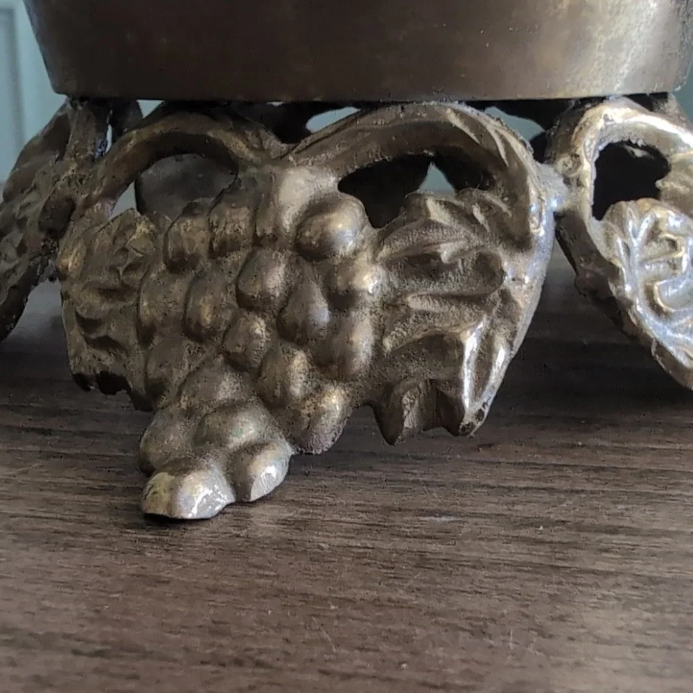 Vintage Brass Grape Candle Holder Bowl Stand Gold Ornate Pedestal Base Potpourri